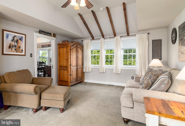 1864 Edge Hill Rd, Abington, PA 19001 - living room featuring carpet floors, healthy amount of natural light, ceiling fan, lofted ceiling, and baseboards