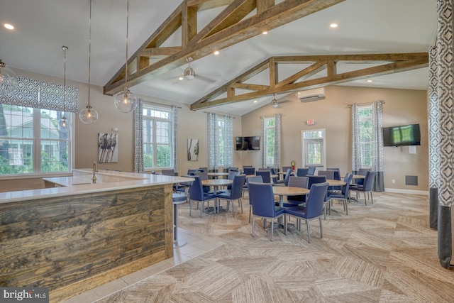 18208 Emerson Way, Georgetown, DE 19947 - dining space featuring recessed lighting, a wall mounted air conditioner, beam ceiling, a ceiling fan, and high vaulted ceiling