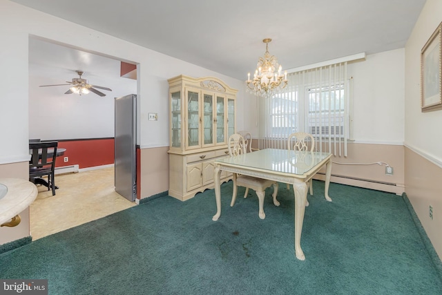 222 Nicholson Rd, Mount Ephraim, NJ 08059 - dining area featuring a baseboard heating unit, a chandelier, ceiling fan, and baseboards