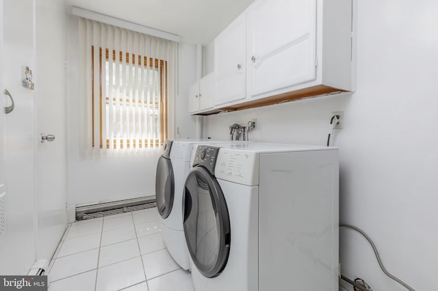 222 Nicholson Rd, Mount Ephraim, NJ 08059 - washroom with baseboard heating, cabinet space, washer and clothes dryer, and light tile patterned floors