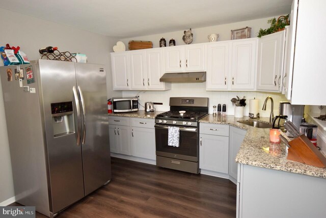 2419 Secane Rd, Secane, PA 19018 - kitchen featuring stainless steel appliances, under cabinet range hood, a sink, light stone counters, and white cabinetry