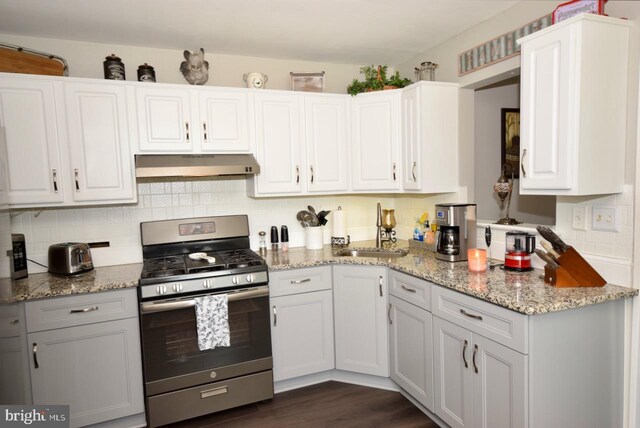 2419 Secane Rd, Secane, PA 19018 - kitchen featuring stainless steel gas stove, range hood, a sink, and backsplash