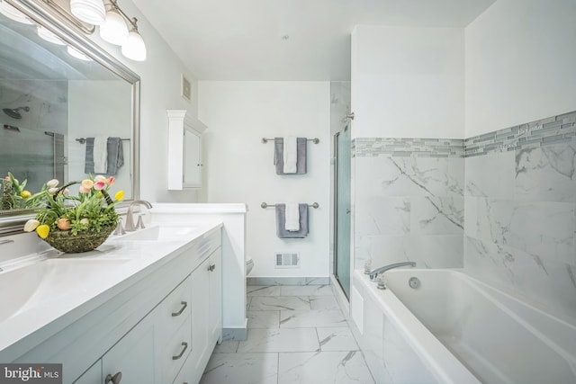 5932 Kimberly Anne Way, Alexandria, VA 22310 - bathroom with marble look tile flooring, toilet, an enclosed shower, and a tub to relax in
