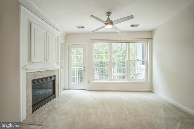 5932 Kimberly Anne Way, Alexandria, VA 22310 - unfurnished living room with a ceiling fan, a fireplace, carpet flooring, and baseboards