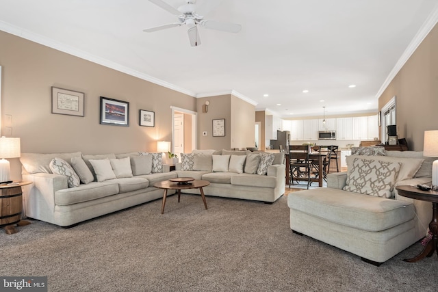 1009 S Washington St, Easton, MD 21601 - living room with ornamental molding, a ceiling fan, recessed lighting, and carpet flooring