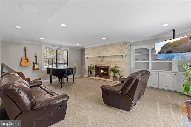 1609 Wills Pl, Vineland, NJ 08361 - living area with light carpet, ornamental molding, recessed lighting, a fireplace, and baseboards