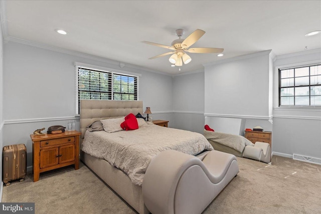 1609 Wills Pl, Vineland, NJ 08361 - bedroom with light colored carpet, ornamental molding, recessed lighting, ceiling fan, and baseboards