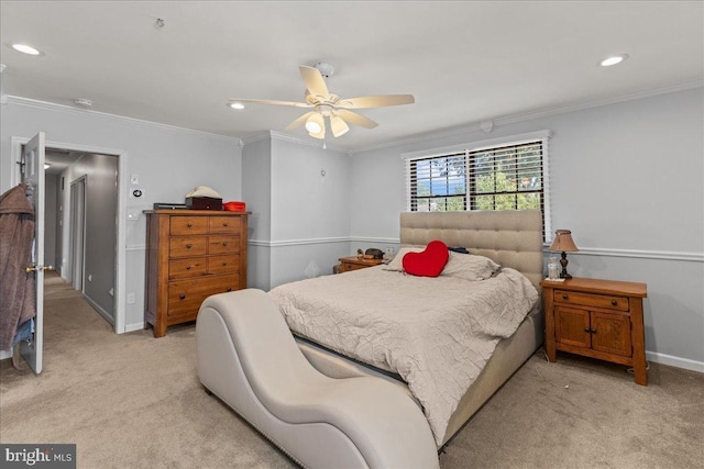 1609 Wills Pl, Vineland, NJ 08361 - bedroom with light colored carpet, crown molding, baseboards, recessed lighting, and a ceiling fan