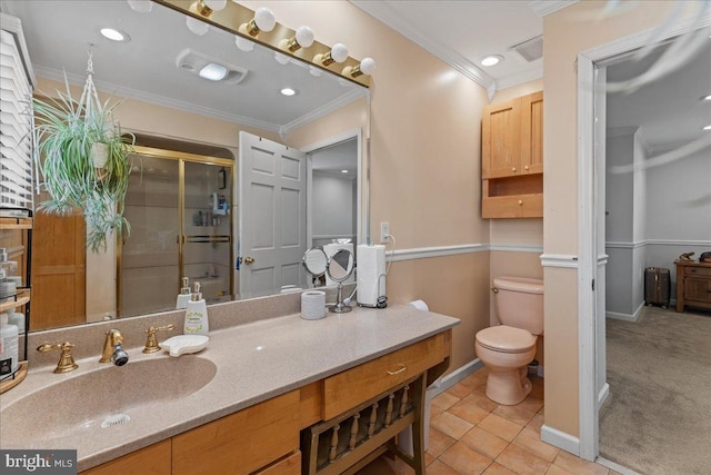 1609 Wills Pl, Vineland, NJ 08361 - full bathroom featuring ornamental molding, toilet, a shower stall, vanity, and baseboards