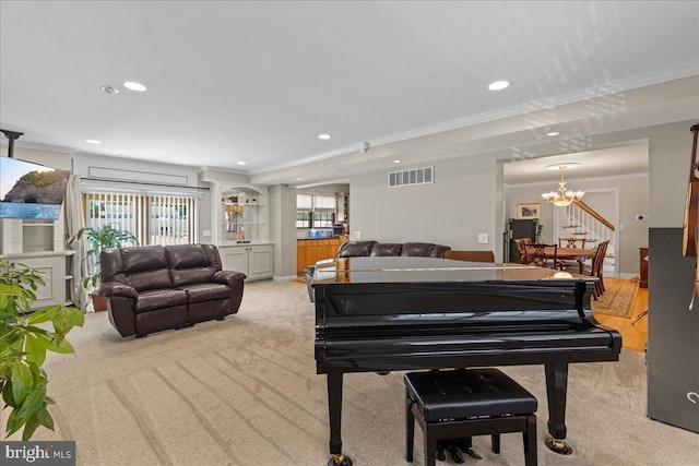 1609 Wills Pl, Vineland, NJ 08361 - living room featuring light colored carpet, a chandelier, ornamental molding, recessed lighting, and stairs