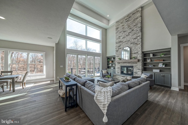 547 Webb Rd # Ad, Chadds Ford, PA 19317 - living area featuring a towering ceiling, baseboards, a stone fireplace, dark wood-type flooring, and built in shelves