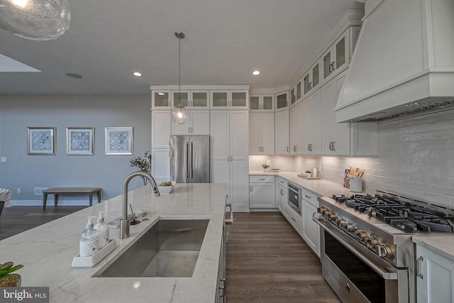547 Webb Rd # Ad, Chadds Ford, PA 19317 - kitchen featuring custom range hood, premium appliances, a sink, dark wood-style flooring, and recessed lighting