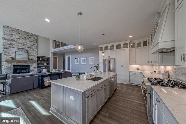 547 Webb Rd # Ad, Chadds Ford, PA 19317 - kitchen with a sink, premium appliances, custom exhaust hood, dark wood-style flooring, and recessed lighting