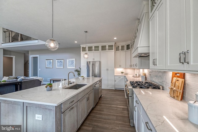 547 Webb Rd # Ad, Chadds Ford, PA 19317 - kitchen with a sink, high end appliances, premium range hood, a kitchen island with sink, and white cabinets