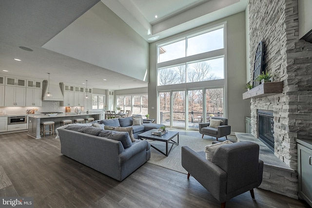 547 Webb Rd # Ad, Chadds Ford, PA 19317 - living area with a stone fireplace, dark wood-type flooring, recessed lighting, and a high ceiling