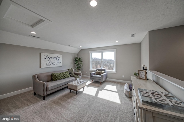 547 Webb Rd # Ad, Chadds Ford, PA 19317 - carpeted living area with baseboards, recessed lighting, attic access, vaulted ceiling, and a textured ceiling