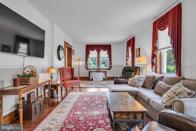 1749 Carrolls Tract Rd, Orrtanna, PA 17353 - living room with wood finished floors, ornamental molding, and baseboards