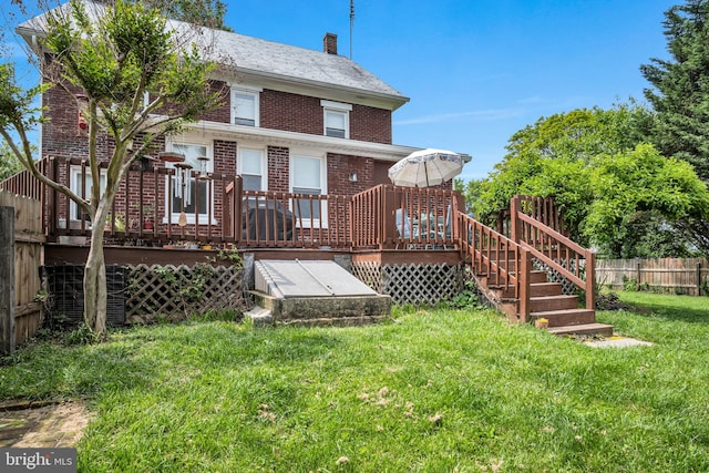 1749 Carrolls Tract Rd, Orrtanna, PA 17353 - back of house with a wooden deck, brick siding, a chimney, and stairs