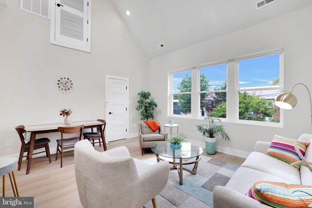 4019 9th St NE Unit 3, Washington, DC 20017 - living room featuring high vaulted ceiling, light wood finished floors, and baseboards