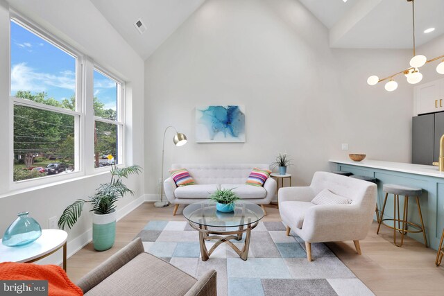 4019 9th St NE Unit 3, Washington, DC 20017 - living room with high vaulted ceiling, light wood-style flooring, baseboards, and a chandelier