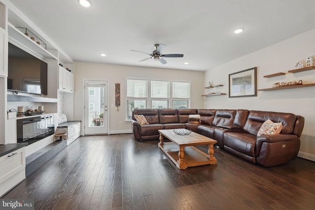 2069 Alder Ln, Dumfries, VA 22026 - living area with a ceiling fan, dark wood-style flooring, recessed lighting, and baseboards