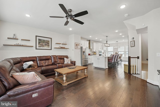 2069 Alder Ln, Dumfries, VA 22026 - living room featuring ceiling fan, dark wood-style floors, recessed lighting, and a chandelier