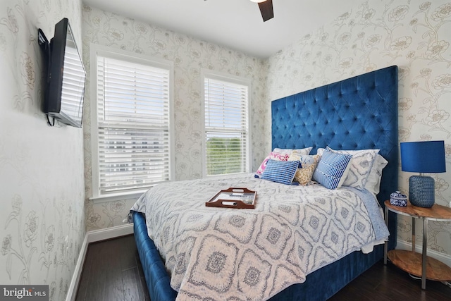 2069 Alder Ln, Dumfries, VA 22026 - bedroom featuring wallpapered walls, hardwood / wood-style floors, baseboards, and ceiling fan