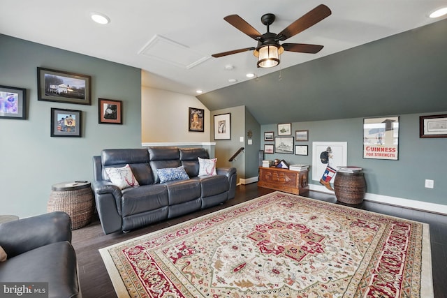 2069 Alder Ln, Dumfries, VA 22026 - living room featuring ceiling fan, attic access, recessed lighting, lofted ceiling, and baseboards