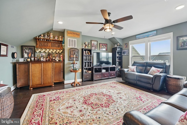 2069 Alder Ln, Dumfries, VA 22026 - living room with ceiling fan, dark wood-style floors, lofted ceiling, recessed lighting, and baseboards