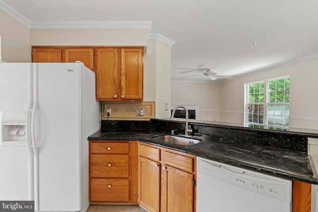 6814 Springshire Way, Greenbelt, MD 20770 - kitchen featuring white appliances, a sink, ornamental molding, ceiling fan, and dark stone counters