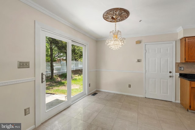 6814 Springshire Way, Greenbelt, MD 20770 - unfurnished dining area with a chandelier, crown molding, light tile patterned floors, and baseboards