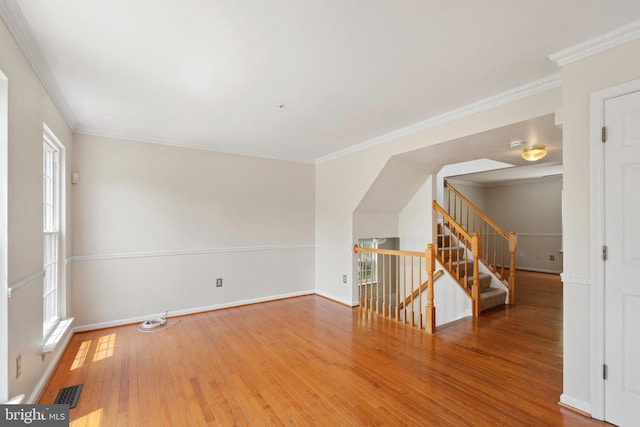 6814 Springshire Way, Greenbelt, MD 20770 - empty room with hardwood / wood-style floors, stairway, baseboards, and ornamental molding