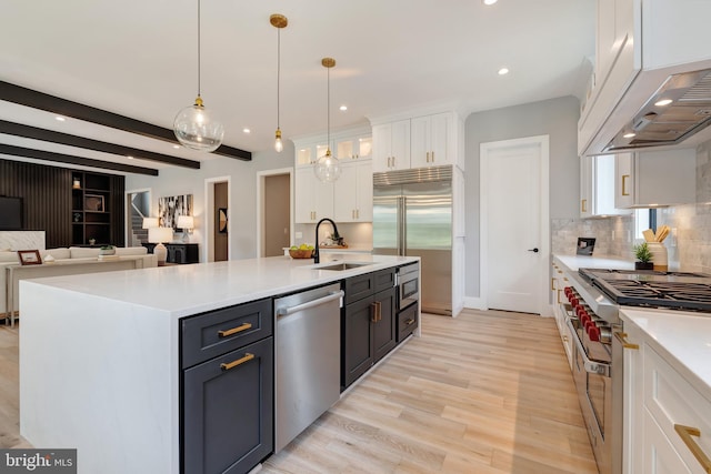 6800 Old Chesterbrook Rd, Mclean, VA 22101 - kitchen with built in appliances, white cabinets, a sink, light wood finished floors, and light countertops