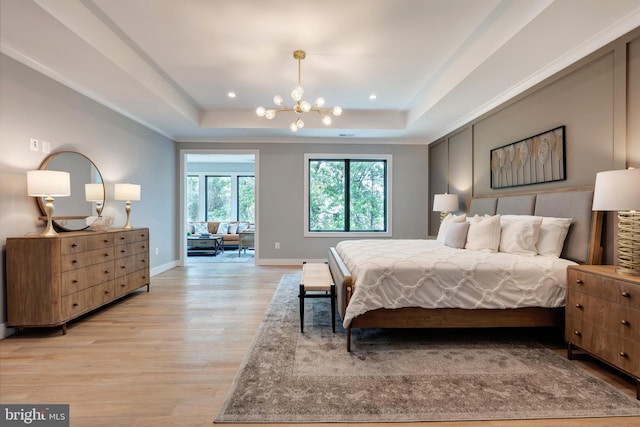 6800 Old Chesterbrook Rd, Mclean, VA 22101 - bedroom featuring a tray ceiling, light wood-type flooring, a chandelier, baseboards, and recessed lighting
