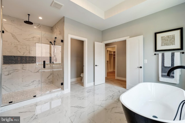 6800 Old Chesterbrook Rd, Mclean, VA 22101 - full bath with a marble finish shower, marble tiled floors, a freestanding tub, baseboards, and toilet