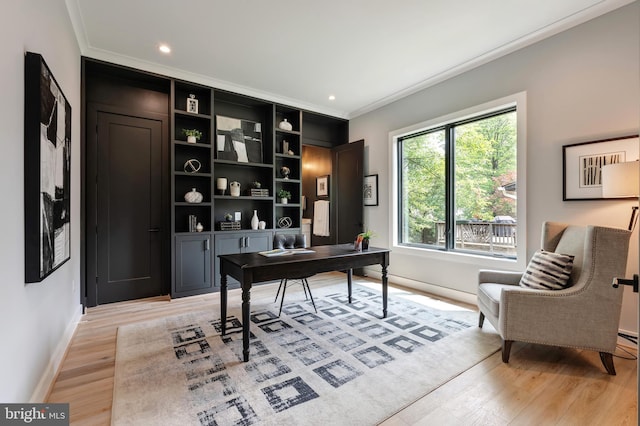 6800 Old Chesterbrook Rd, Mclean, VA 22101 - home office with crown molding, light wood-style flooring, baseboards, and recessed lighting