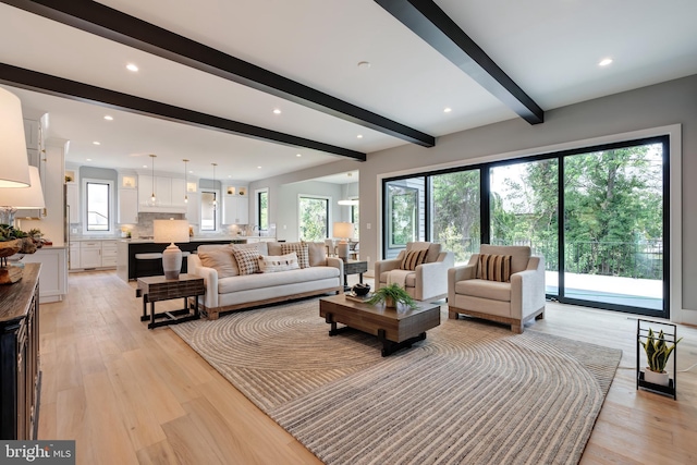 6800 Old Chesterbrook Rd, Mclean, VA 22101 - living room with beamed ceiling, light wood-style floors, and recessed lighting