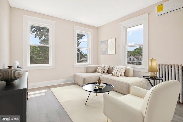 1003 Walnut Ave, Baltimore, MD 21229 - living room featuring a wall unit AC, wood finished floors, radiator heating unit, and baseboards