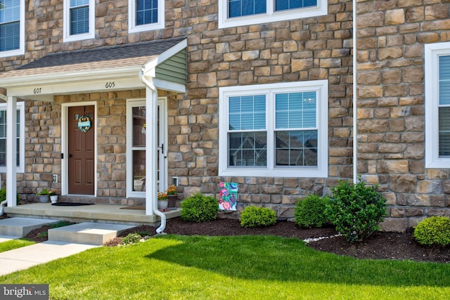 605 Byler Cir, Lebanon, PA 17042 - view of exterior entry featuring stone siding and roof with shingles