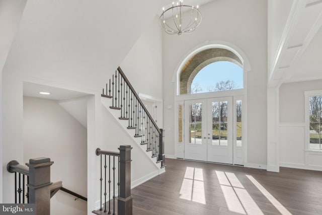 545 Webb Rd # Dd, Chadds Ford, PA 19317 - entryway featuring a high ceiling, wood finished floors, french doors, a chandelier, and stairs