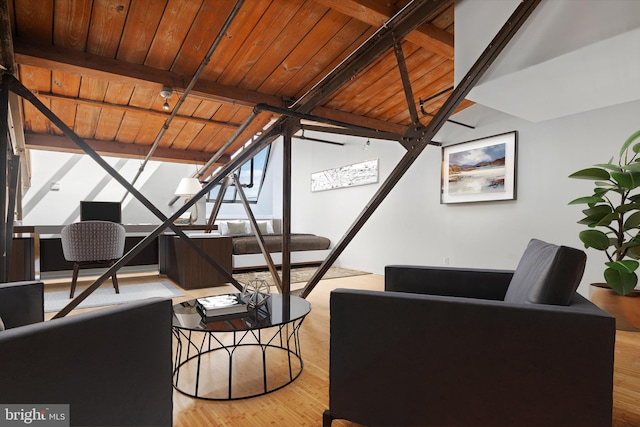 1147 N 4th St Unit 6F, Philadelphia, PA 19123 - living room featuring wood ceiling with exposed beams, wood finished floors, and a desk