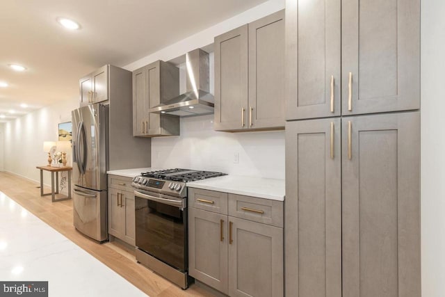 850 N 19th St Unit A, Philadelphia, PA 19130 - kitchen with wall chimney exhaust hood, stainless steel appliances, gray cabinetry, light wood finished floors, and recessed lighting