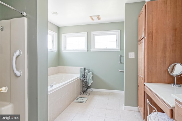 201 Morton, Rosenhayn, NJ 08352 - bathroom with a bath, tile patterned floors, vanity, baseboards, and a shower