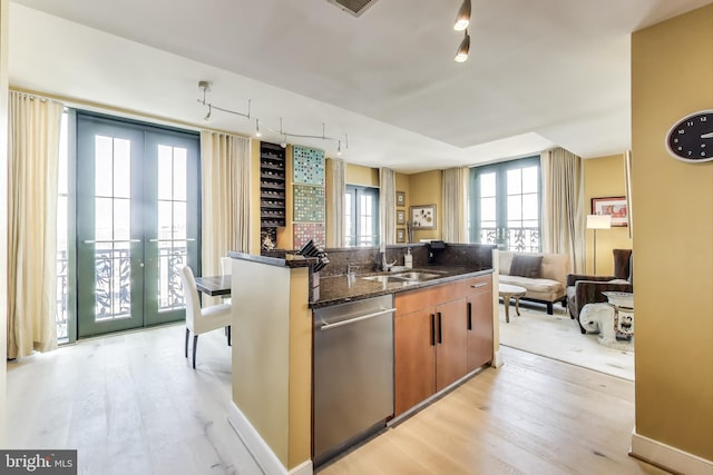 910 M St NW Unit 1022, Washington, DC 20001 - kitchen featuring dishwasher, track lighting, light wood finished floors, and dark stone counters