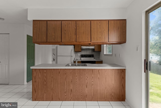 1040 Muscovy Ln, Bensalem, PA 19020 - kitchen featuring freestanding refrigerator, electric range oven, under cabinet range hood, brown cabinetry, and a peninsula
