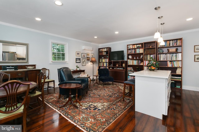 50 Skillman Rd, Skillman, NJ 08558 - living room with dark wood-style flooring, an AC wall unit, ornamental molding, recessed lighting, and baseboards