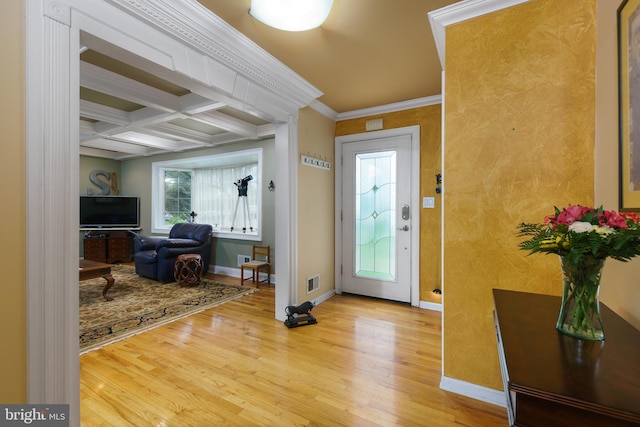 50 Skillman Rd, Skillman, NJ 08558 - entrance foyer with wood finished floors, baseboards, beamed ceiling, crown molding, and coffered ceiling