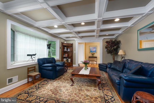 50 Skillman Rd, Skillman, NJ 08558 - living area with wood finished floors, baseboards, coffered ceiling, beam ceiling, and recessed lighting