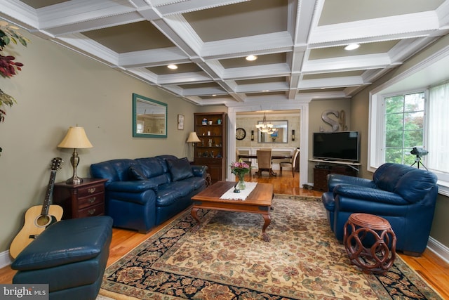 50 Skillman Rd, Skillman, NJ 08558 - living area featuring wood finished floors, a chandelier, coffered ceiling, beamed ceiling, and baseboards