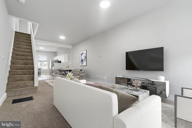 813 N Linwood, Baltimore, MD 21205 - living area with stairway, recessed lighting, carpet floors, and baseboards